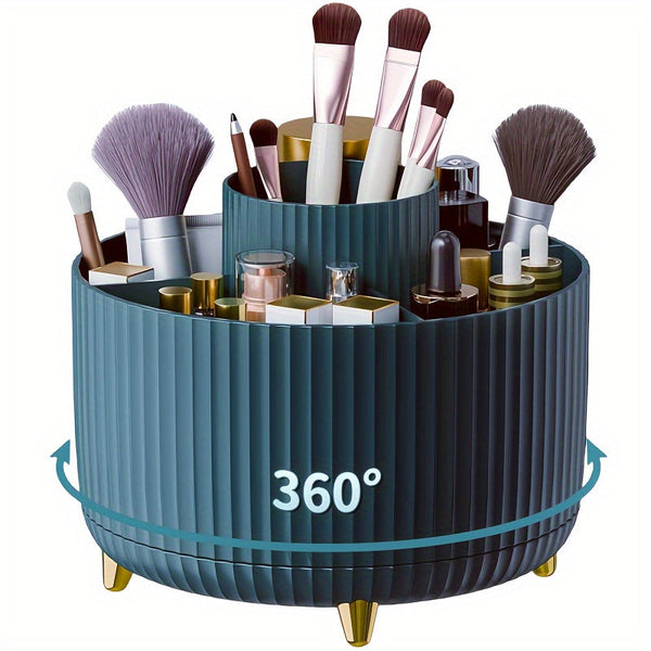 360° Rotating Makeup Organizer - 1pc Plastic Cosmetic Storage with 5 Compartments - Multi-Functional Holder for Brushes, Lipsticks, Skin Care Products, and Stationery - Durable Unscented Desk Caddy with Luxury Stripe Design DSers Fulfillment
