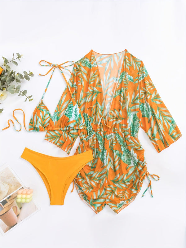 Island Bloom 3-Piece Bikini Set for Women – Tropical Leaf Print Fluttering Swimwear with Flattering Halter Neck Top High Waist Bottoms & Adjustable Drawstring Cover Up – Perfect for Koningsdag Celebrations & Summer Adventures