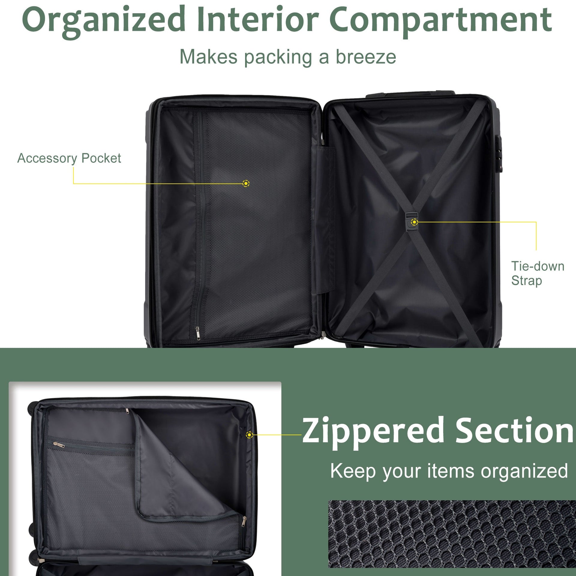 Luggage Sets 2 Piece, Hardshell ABS Lightweight and Expandable(only 28') Suitcases with Double Wheels, Carry-on Luggage, 2-Piece Set (20/28), Green