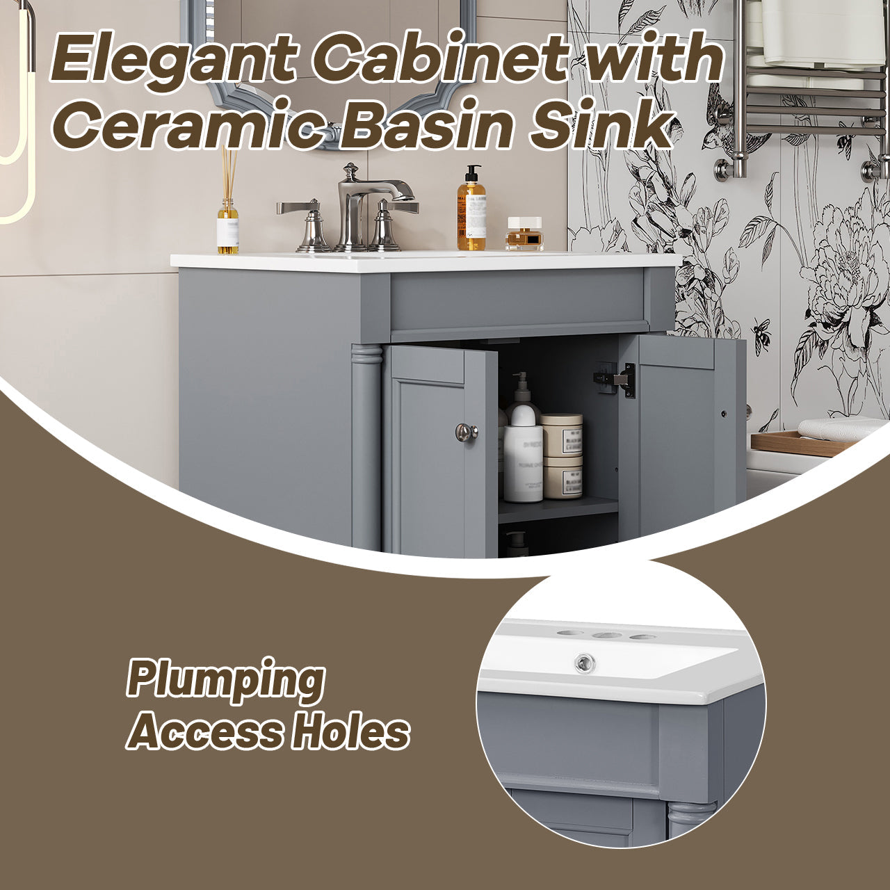 Modern Bathroom Vanity with Top Sink and 2-Tier Large Storage Shelves Cabinet