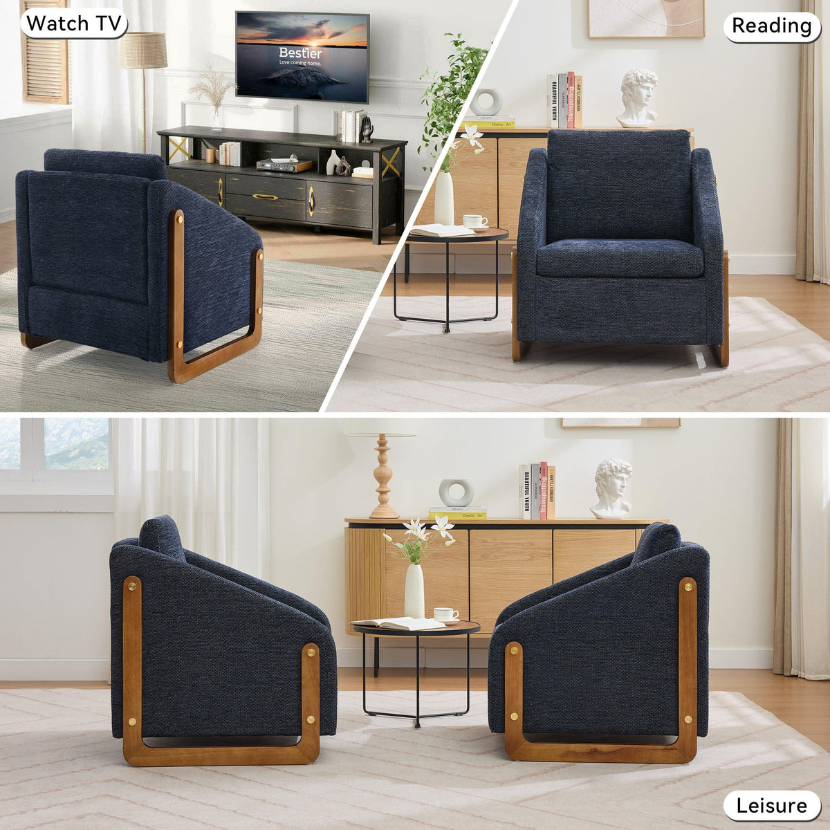 Modern Chenille Upholstered Armchair with Wooden Side Frame in Blue