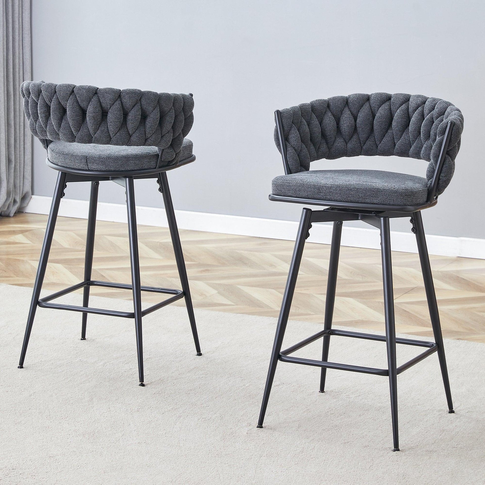 2 Set of Rotating Barstools With Breathable Cotton and Linen Soft Cushions