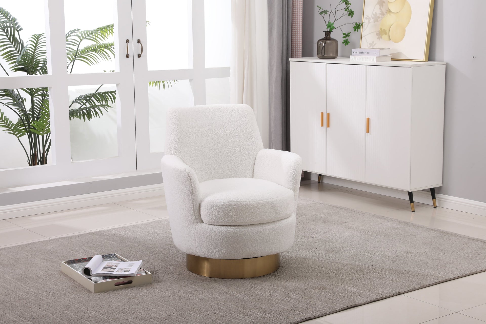 White Velvet Swivel Barrel Chair