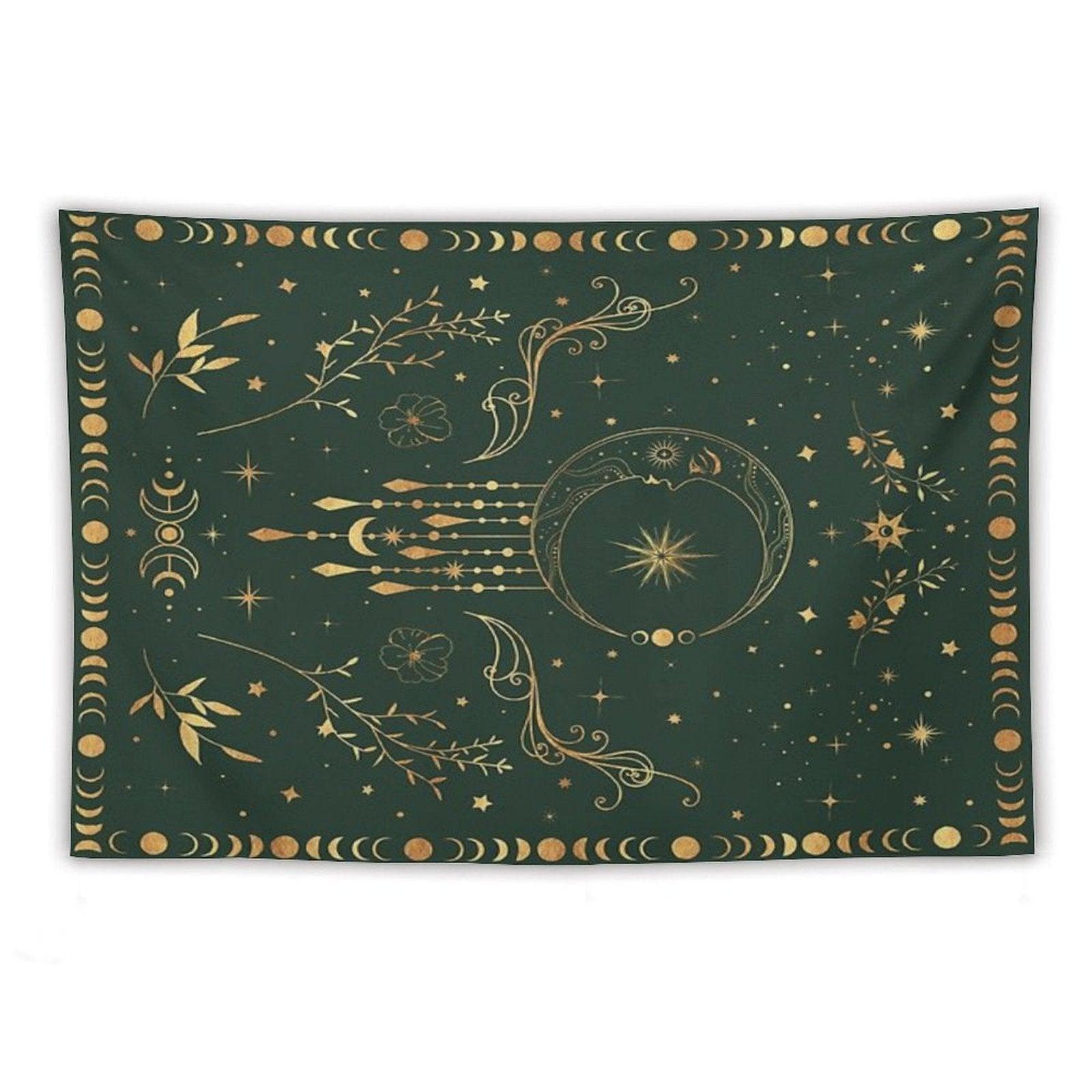 Sage Green And Gold Celestial Crescent Moon with Floral Accents And Moon Phase Tie Dye Tapestry
