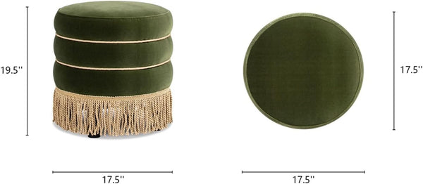 Olive Performance Velvet Round Ottoman With Fringe
