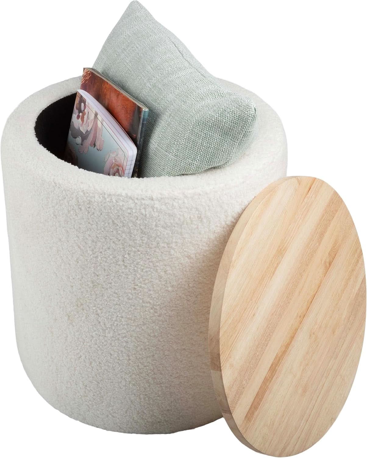 Cream Textured Storage Ottoman Removable Lid Walnut