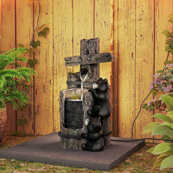 Resin Bear Fountain Two Cubs on Timber Post