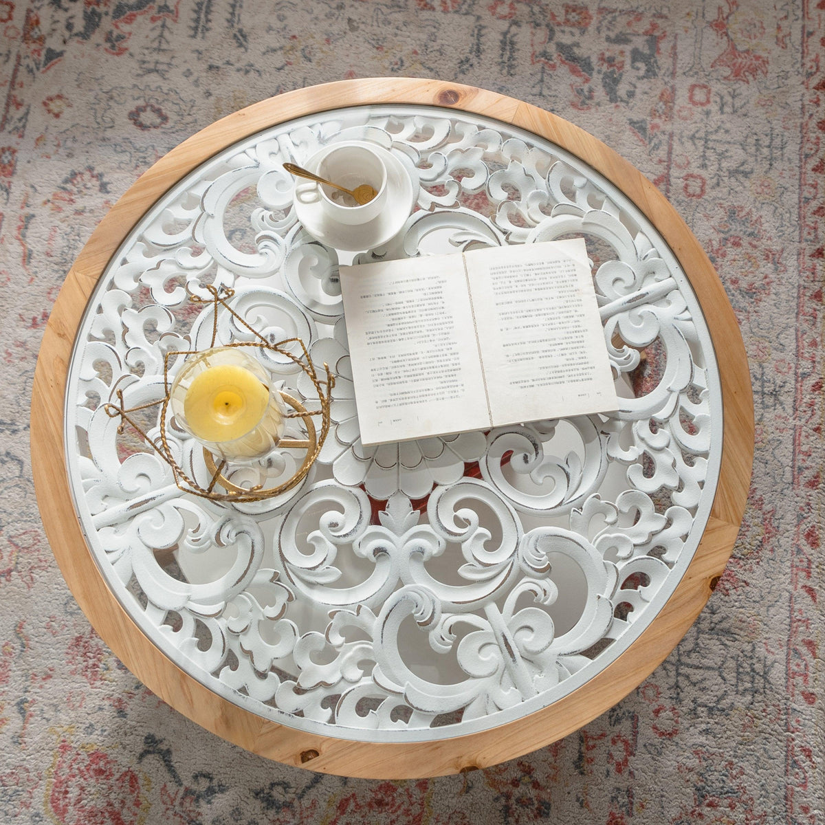 Farmhouse Round Glass Coffee Table with Open Storage Shelf & Antique White Finish