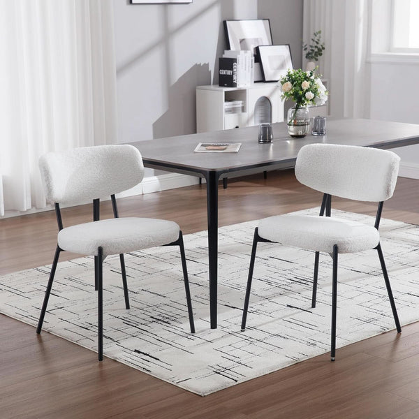 White Boucle Upholstered Dining Chairs Curved Back
