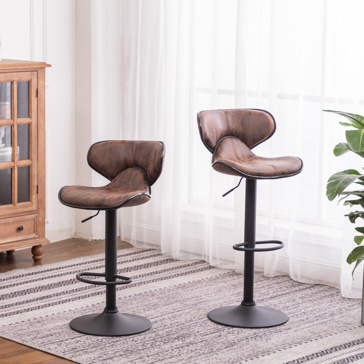 Brown Weathered Upholstered Adjustable Swivel Bar Stools with Chrome Base – Set of 2