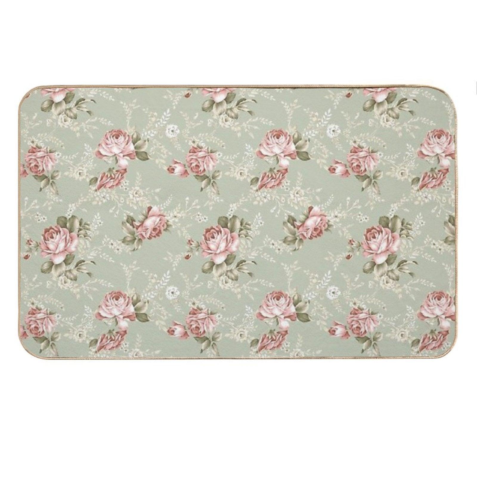 Vintage Blush Roses - Sage Green Background Bath Mat