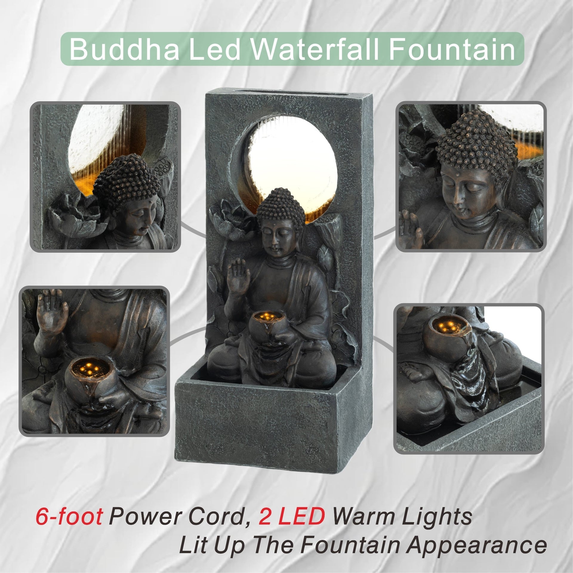 Resin Buddha Wall Panel Outdoor Fountain 28 Inch LED