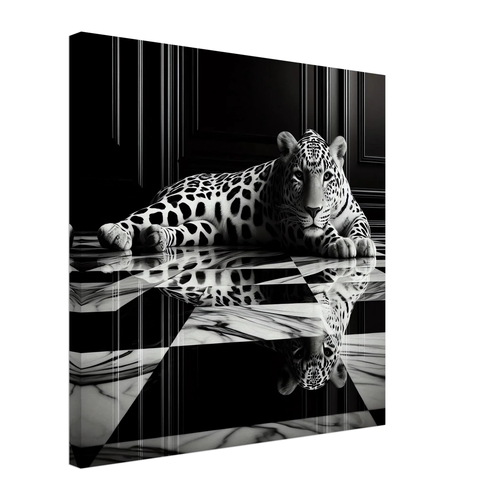 Leopard Canvas Art Print – Striking Design on Black & White Checkered Marble Floor