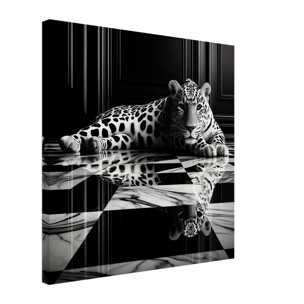 Leopard Canvas Art Print – Striking Design on Black & White Checkered Marble Floor