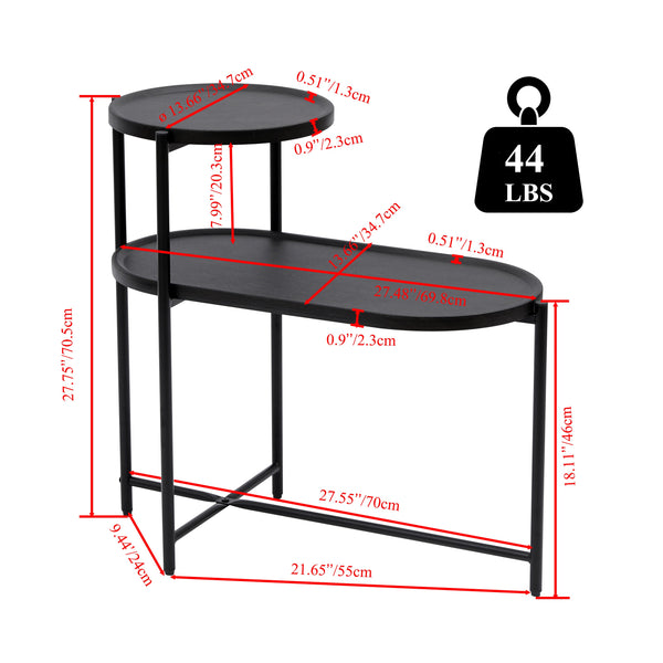 Detailed dimensions of the 2 Tier Oval End Table with round top, showing height, width, and weight capacity of 44 lbs.