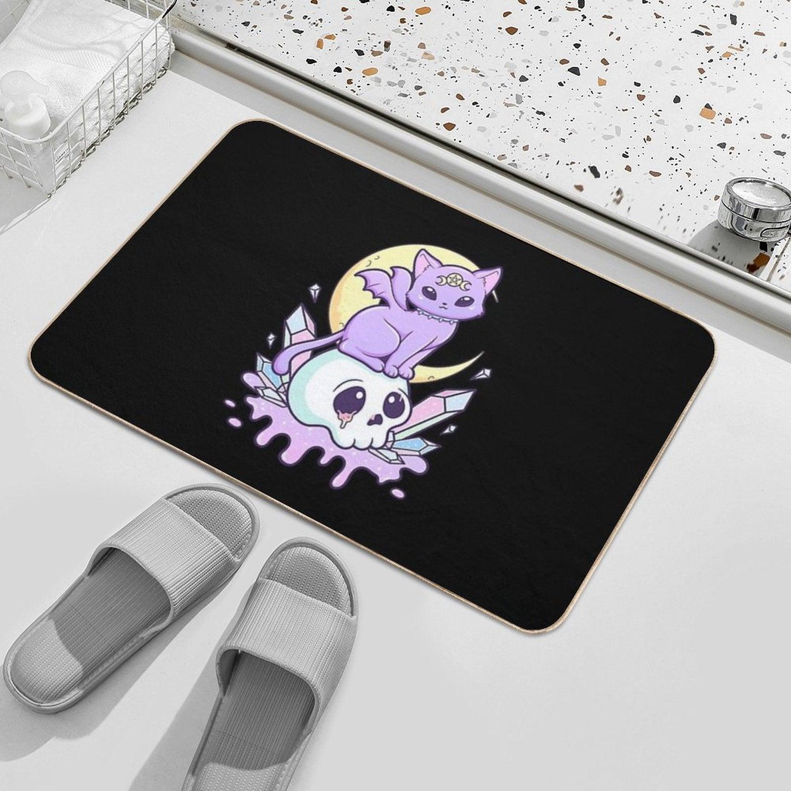 Kawaii Pastel Goth Cute Creepy Occult Cat And Skull Bath Mat