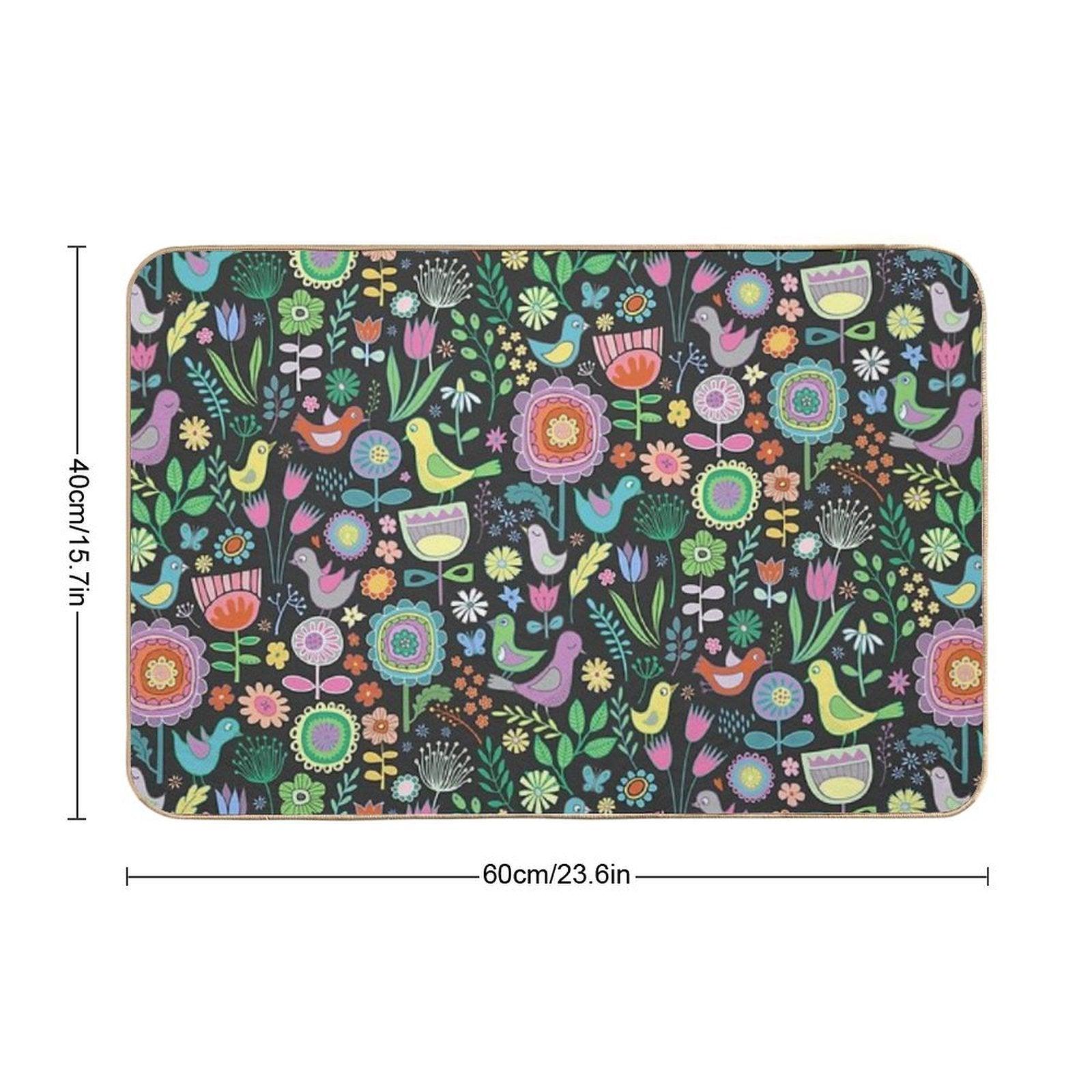 Birds And Blooms - Pastels on Black - Pretty Floral Bird Pattern by Cecca Designs  Rapid-Drying Bath Mat