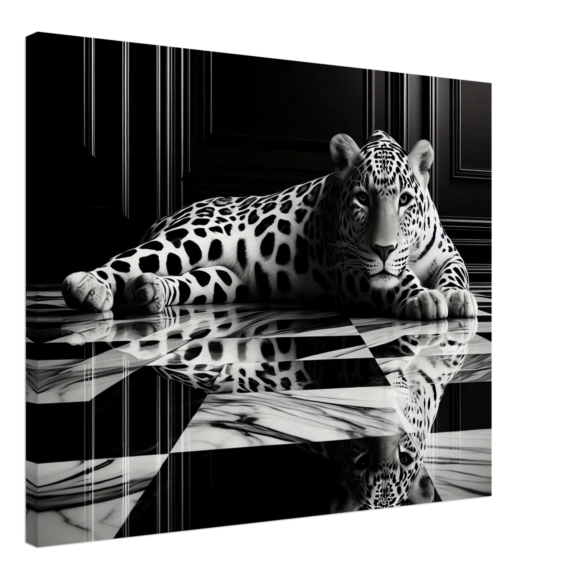 Leopard Canvas Art Print – Striking Design on Black & White Checkered Marble Floor