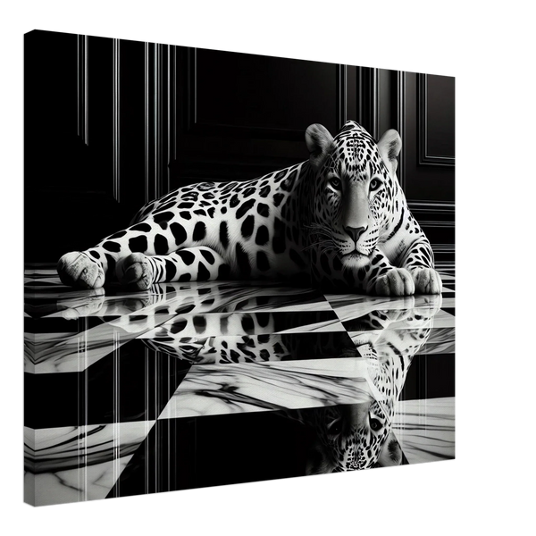 Leopard Canvas Art Print – Striking Design on Black & White Checkered Marble Floor