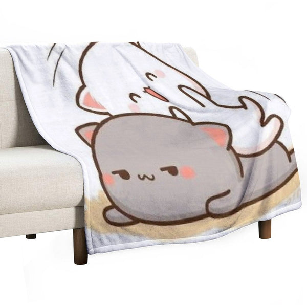 Peach Sitting on Goma - Mochi Peach Cat Machine-washable Throw Blanket