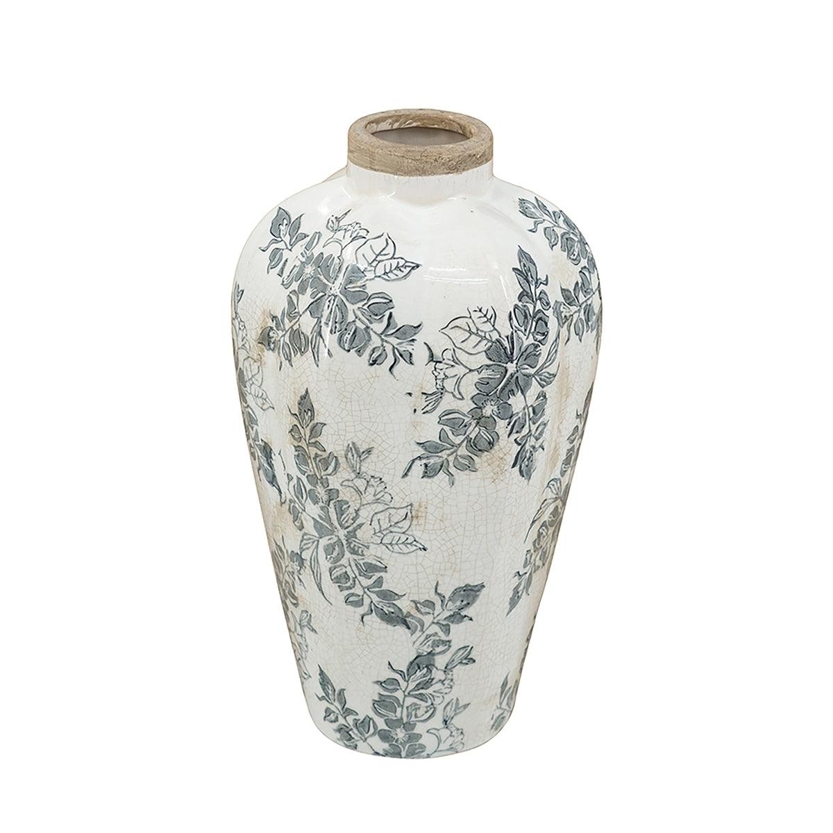 Vintage European Ceramic Vase with Distressed White Finish & Gray Floral Design