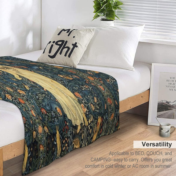 LADY FLORA, GREENERY, FOREST ANIMALS ,PHEASANT BIRDS ,RABBITS Blue Green Floral Tapestry Easy Care Throw Blanket