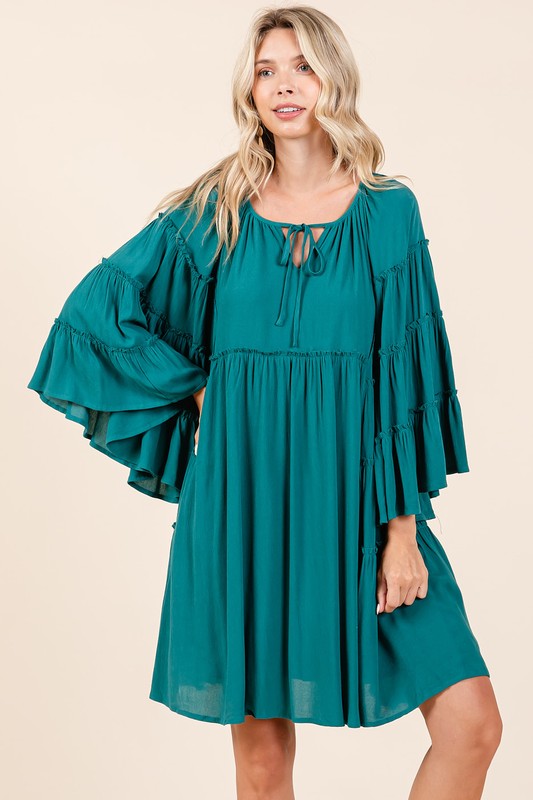 Frill Tie Neck Bell Sleeve Dress For Women – Feminine and Sophisticated Dress with Playful Frill Details and Elegant Bell Sleeves