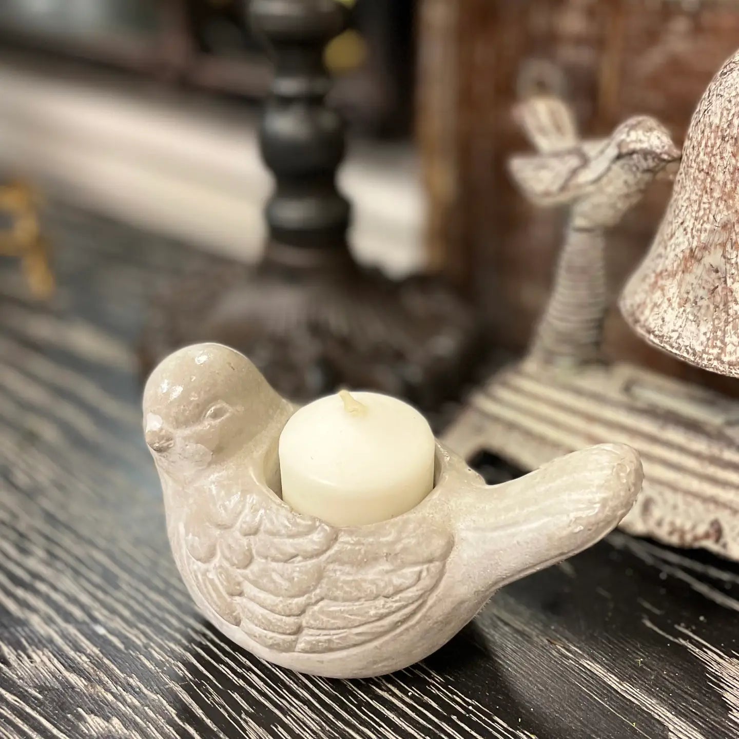 CEMENT BIRD CANDLE HOLDER