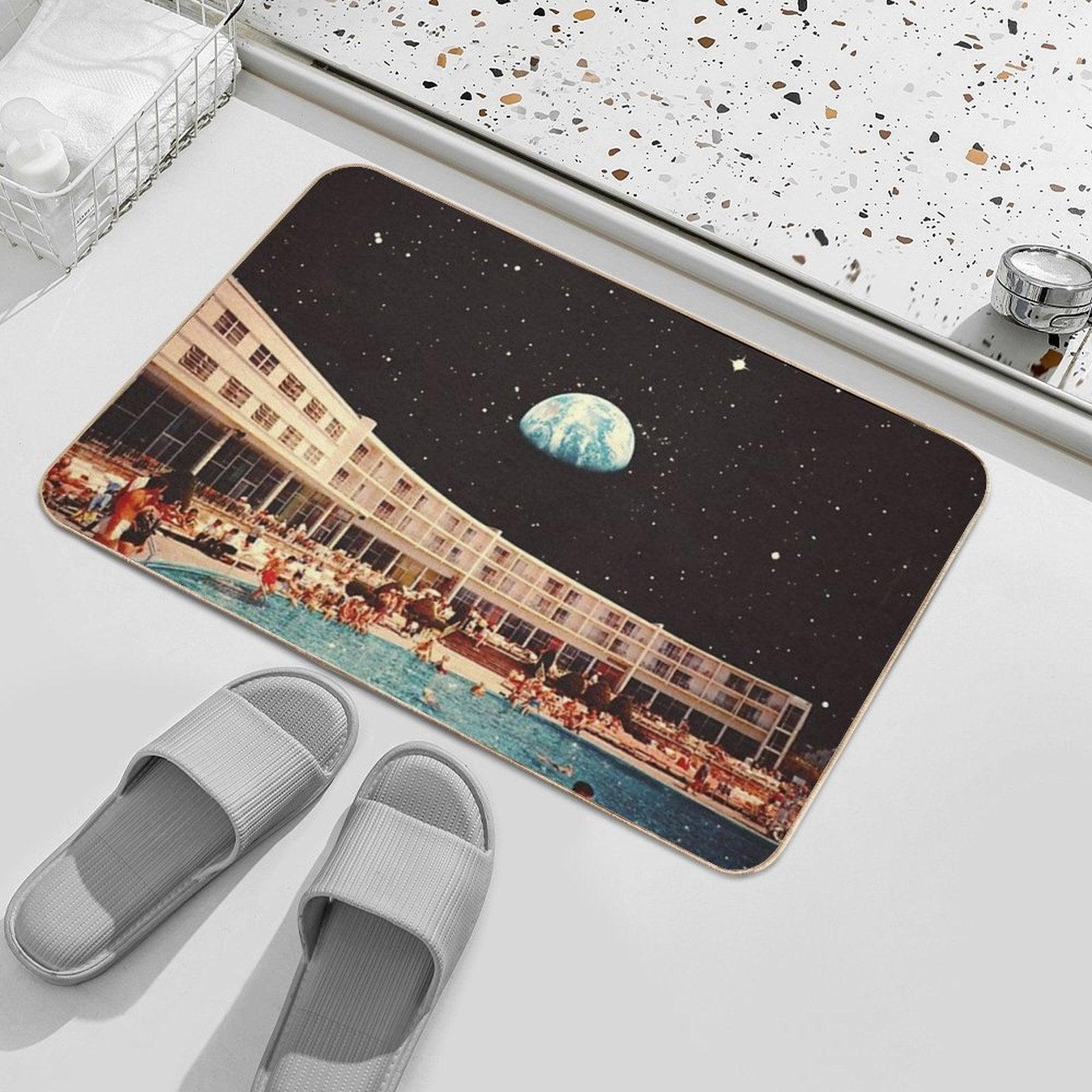 Lunar Pool Life - Retro-Futuristic Holiday Resort, Science Fiction Collage  Fade-Resistant Bath Mat