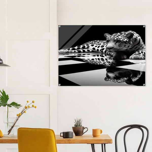 Leopard Acrylic Print on Black and White Checkered Floor – Glossy Finish Wall Art