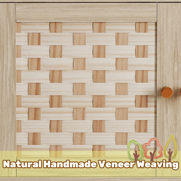 Wooden panel with woven pattern and 'Natural Handmade Veneer Weaving' text.
