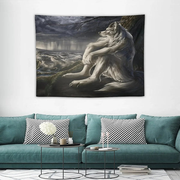 Emo White Wolf Sitting Sad Meme Tapestry