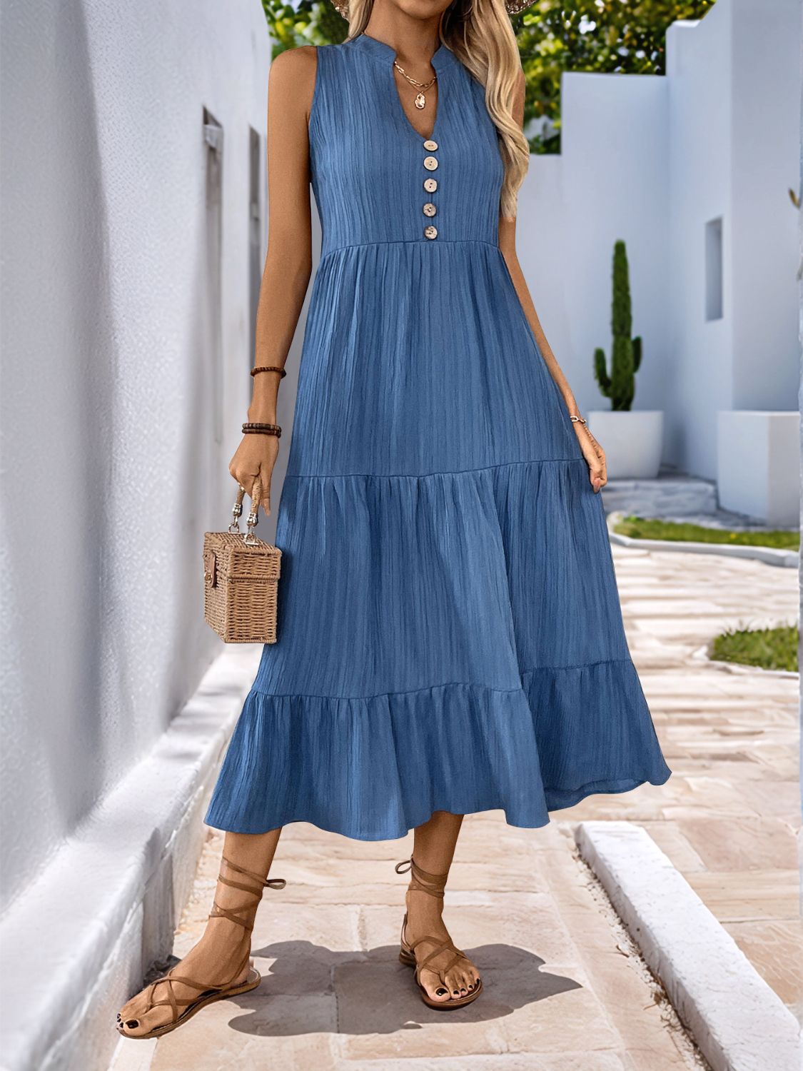 Decorative Dusty Blue Button Notched Sleeveless Dress Elegant & Feminine Style Long Dress For Women