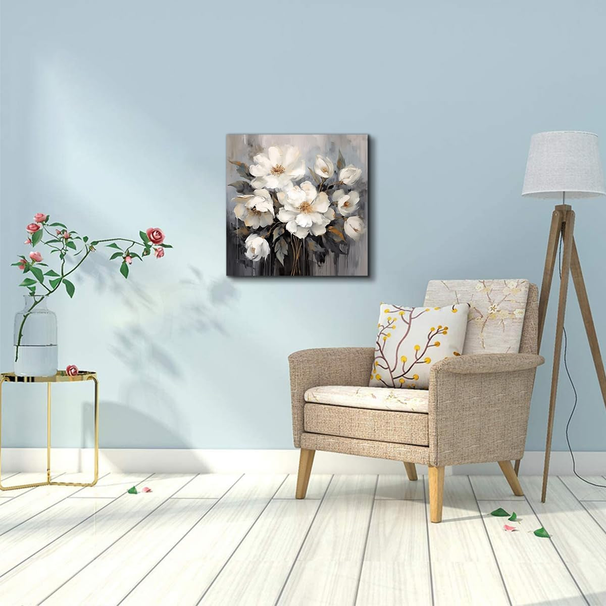 Stunning White and Gray Flower Canvas Art - Elegant 12x12 Inch Wall Decor for Bathroom, Bedroom, and Office