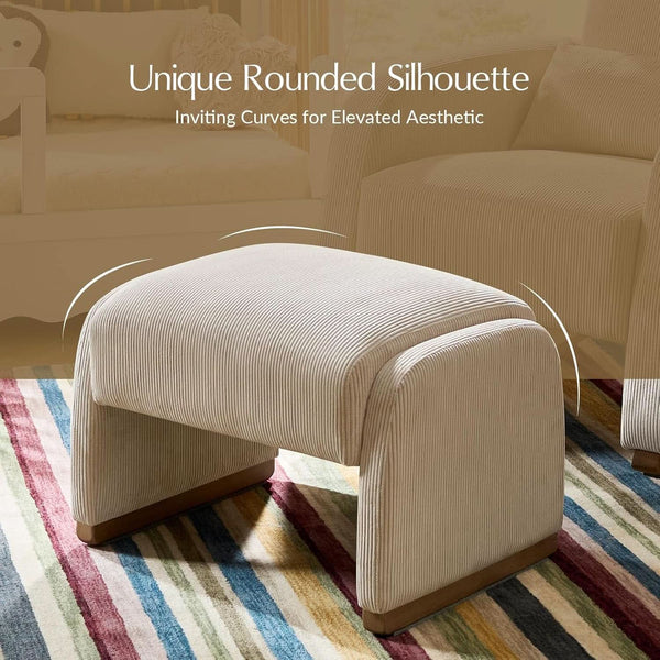 Beige Corduroy Ottoman With Contemporary Wood Legs
