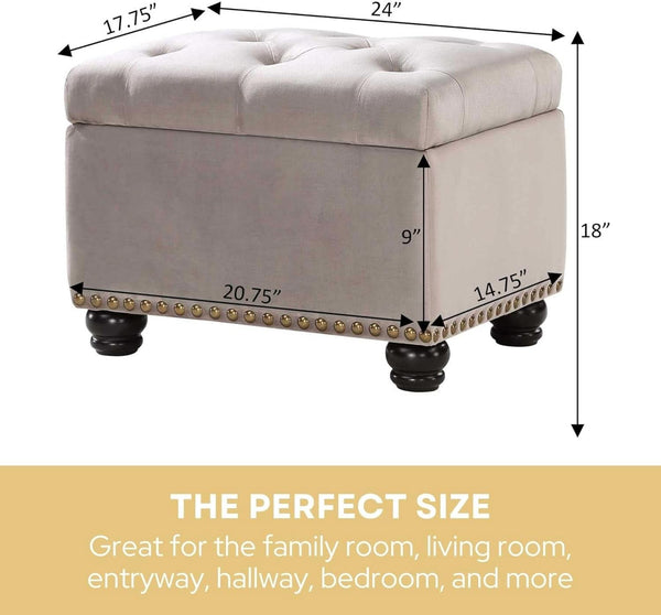 24 Inch Velvet Textured Light Taupe Storage Ottoman