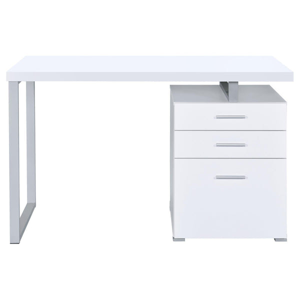 Front view of White 3-drawer Reversible Office Desk highlighting spacious drawers and sturdy metal legs for office organization.