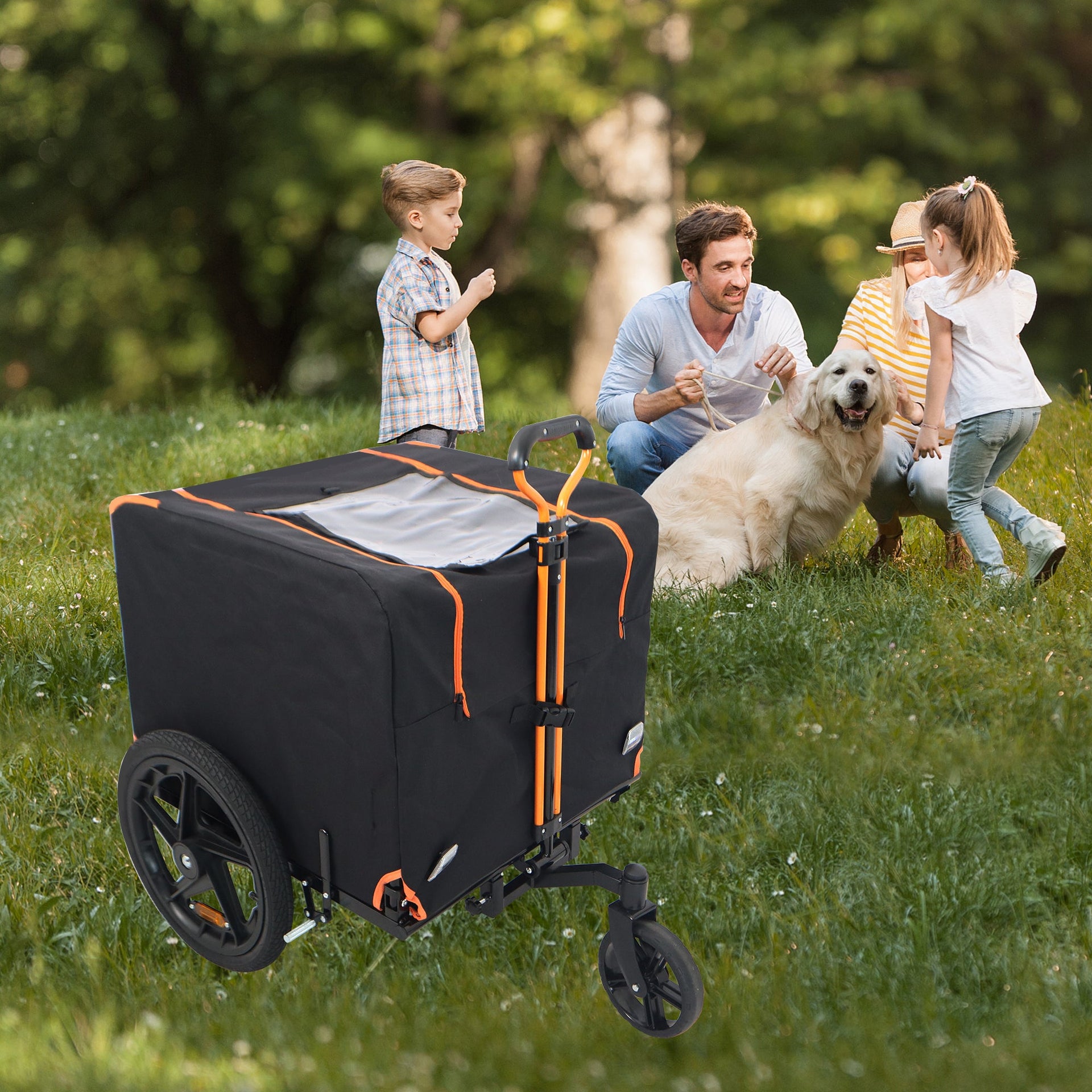 2-in-1 Bike & Pull-Behind Pet Trailer – Convertible Dog/Cat Carrier with Detachable Bike Hitch & Built-in Towing Handle – All-Terrain Wheels for Cycling and Hand-Pulled Transport, Orange and Black