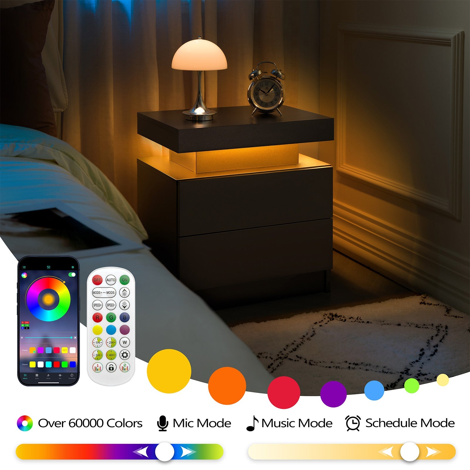 Nightstand LED Bedside Table Cabinet with 2 Drawers