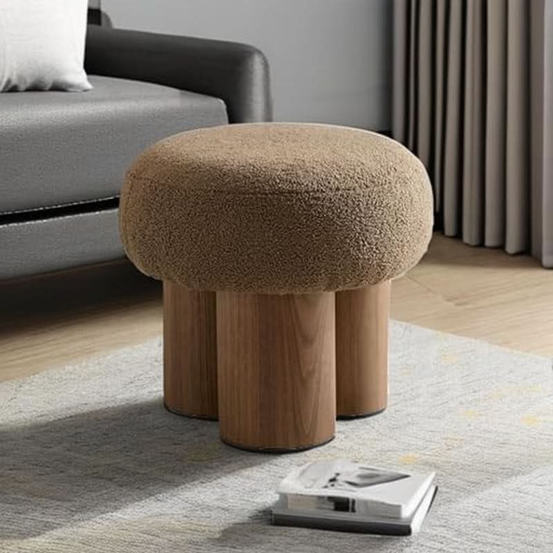 Compact Round Footstool Ottoman Brown Teddy Fabric