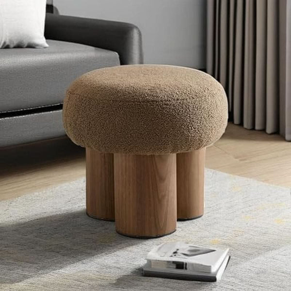 Compact Round Footstool Ottoman Brown Teddy Fabric