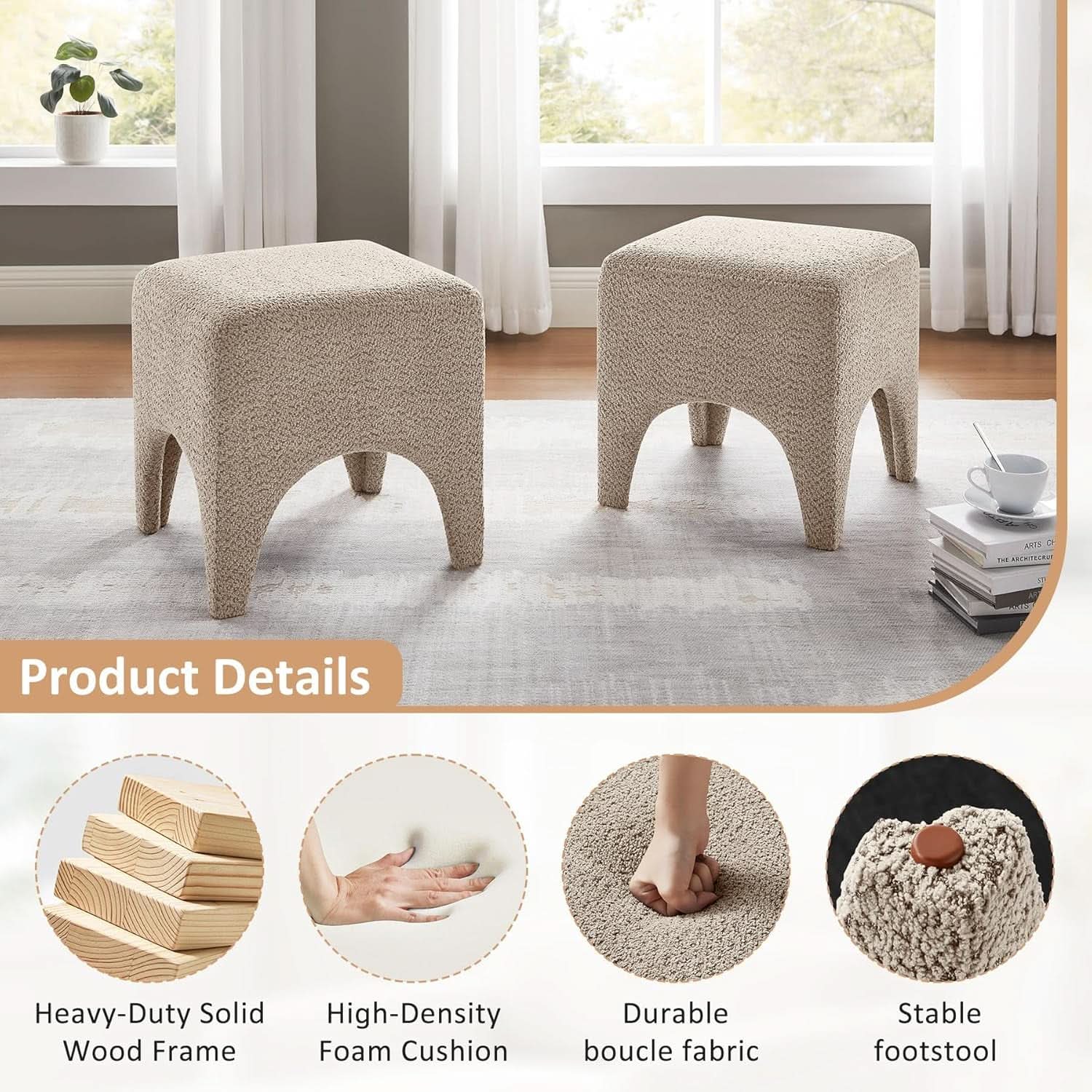 17-Inch Camel Boucle Upholstered Square Ottoman Footstool