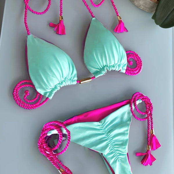 New Festival Flame Halter Bikini Set for Women – Triangle V-Neck Backless Two-Piece Swimsuit with Tie Side Bottoms & Adjustable Lace-Up Fit – Sleek Polyamide Swimwear for Koningsdag/King’s Day & Summer Beach Celebrations