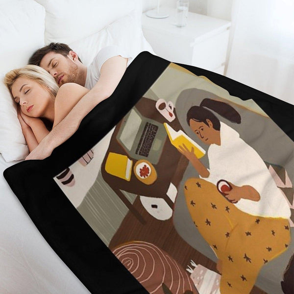 Girl Is Reading A Book at Cozy Home Interior with A Cat Throw Blanket