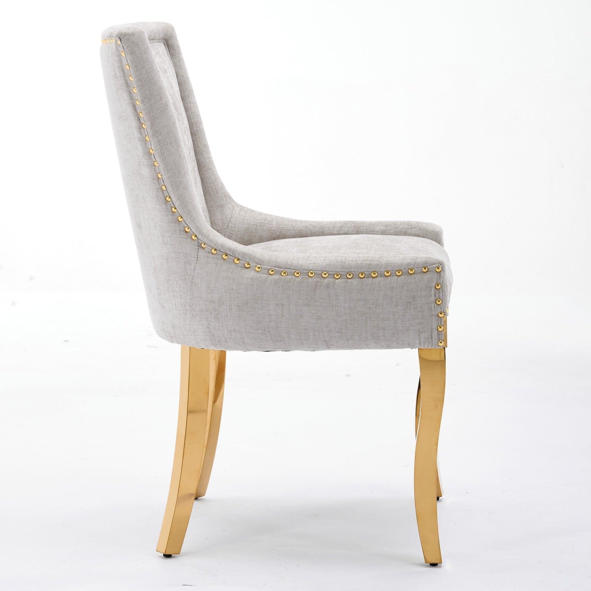 Chenille Dining Chairs Modern Style with Curved Gold-Plated Legs & Rivet Trim