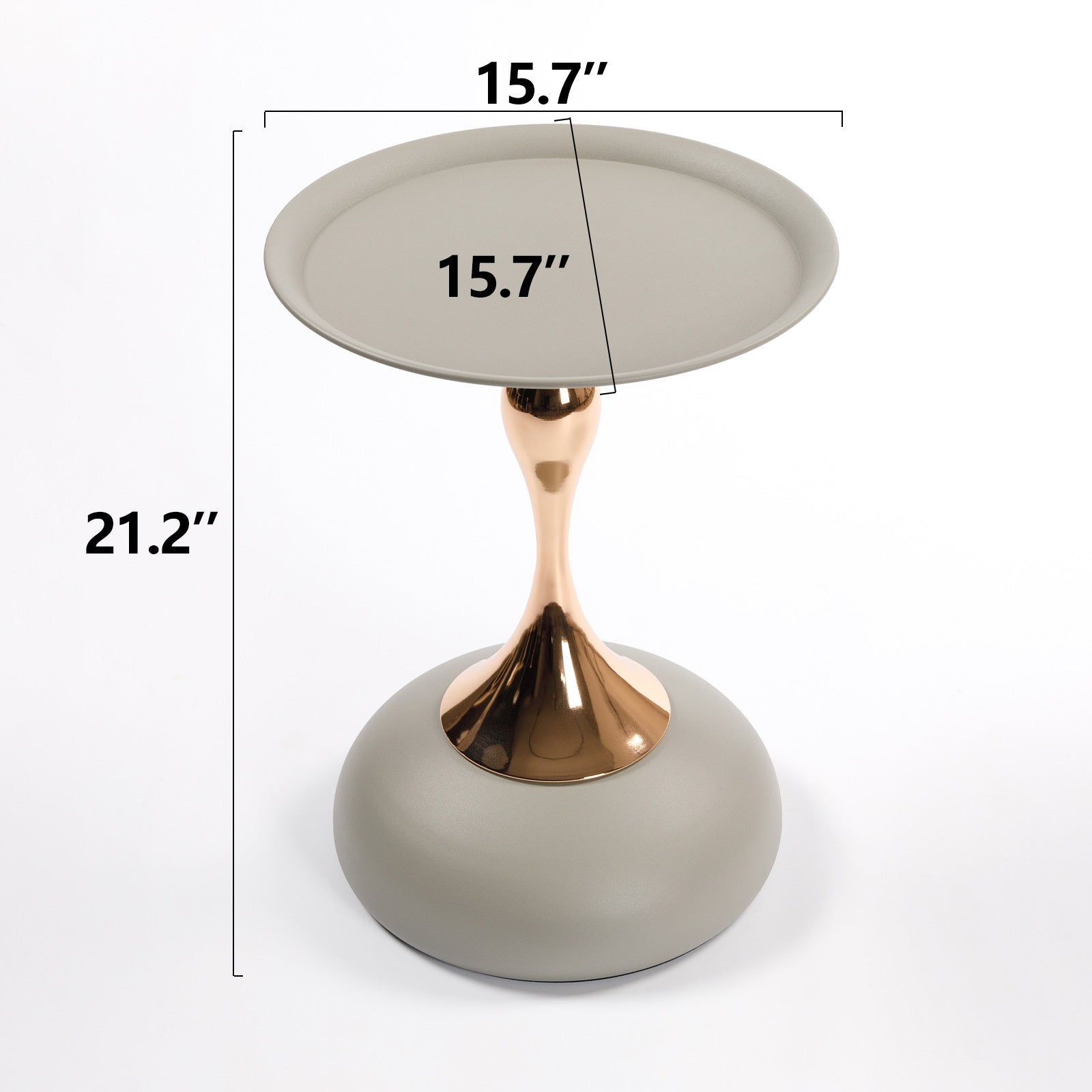 Dimensions of the Mermaid Tail End Coffee Table Round Side Table shown as 15.7 inches wide and 21.2 inches tall, ideal for accent use.