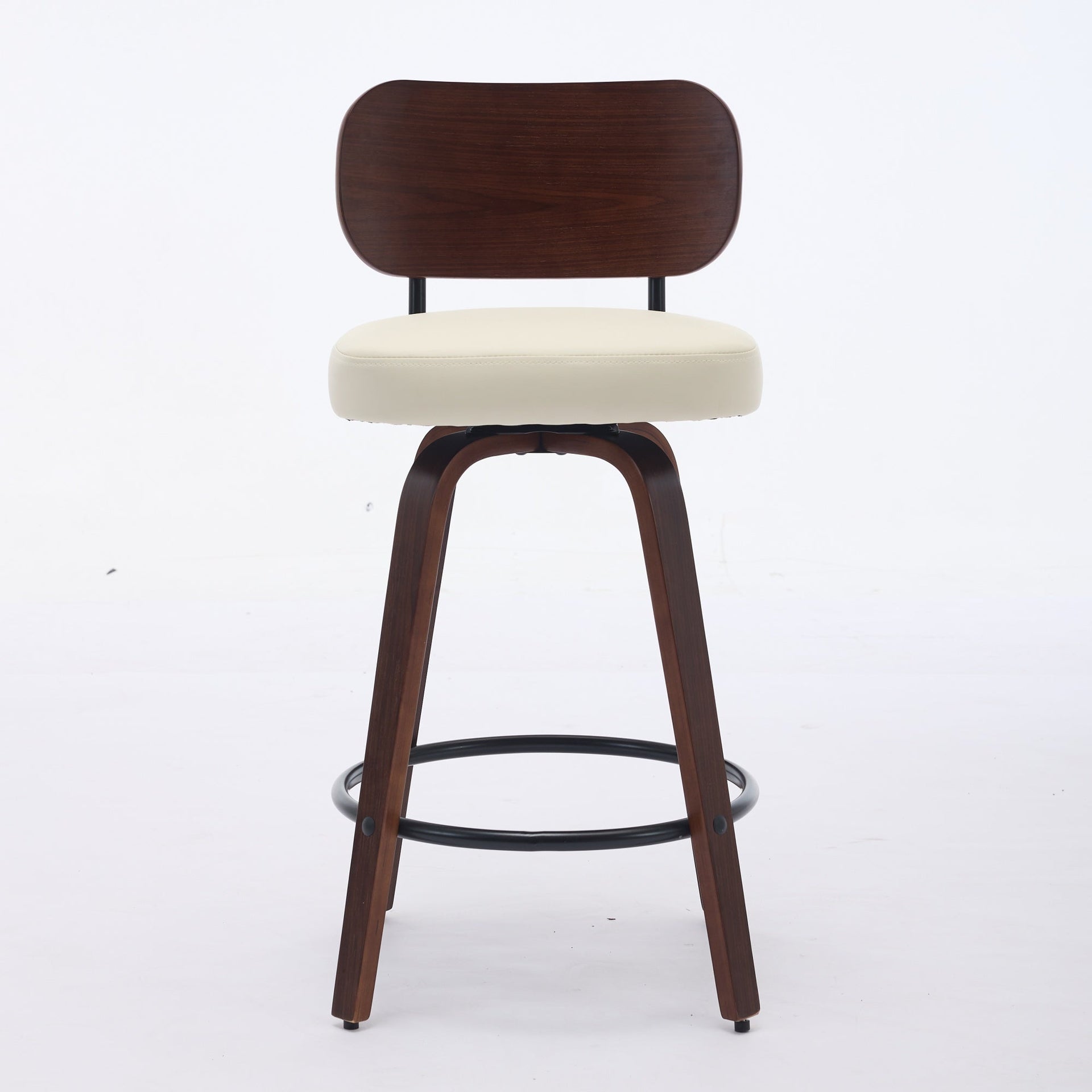 Swivel Bar Stools Set of 2, 26' Upholstered Faux Leather Counter Height Barstools with Walnut Back & Bentwood Legs, Mid Century Modern Bar Chairs Island Stools for Kitchen Counter, Beige PU, SW1864BG