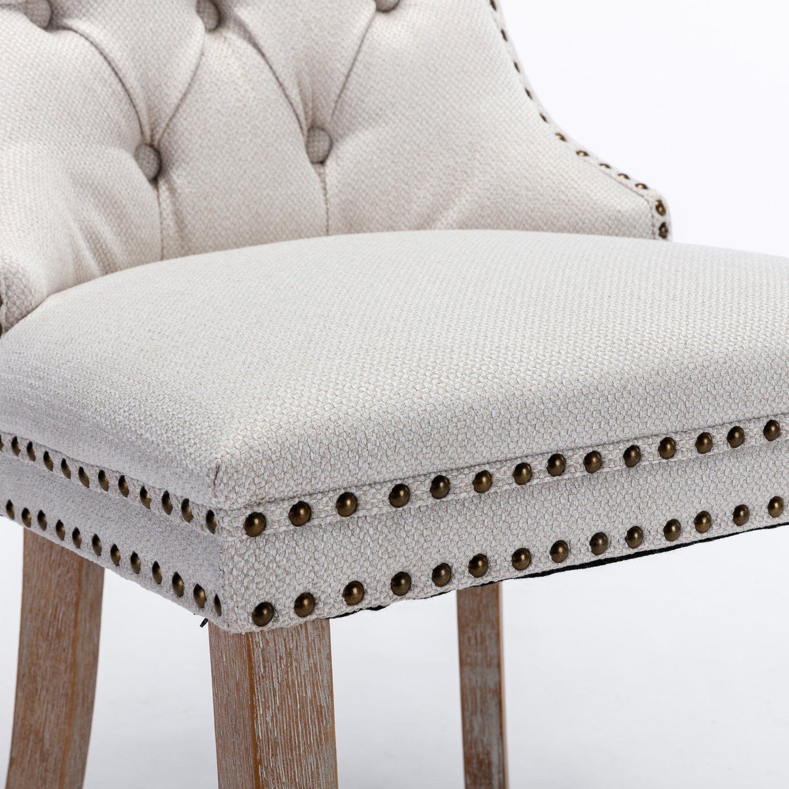 Nikki Collection Modern Tufted Solid Wood Flax Upholstered Dining Chair Nailhead Trim Set