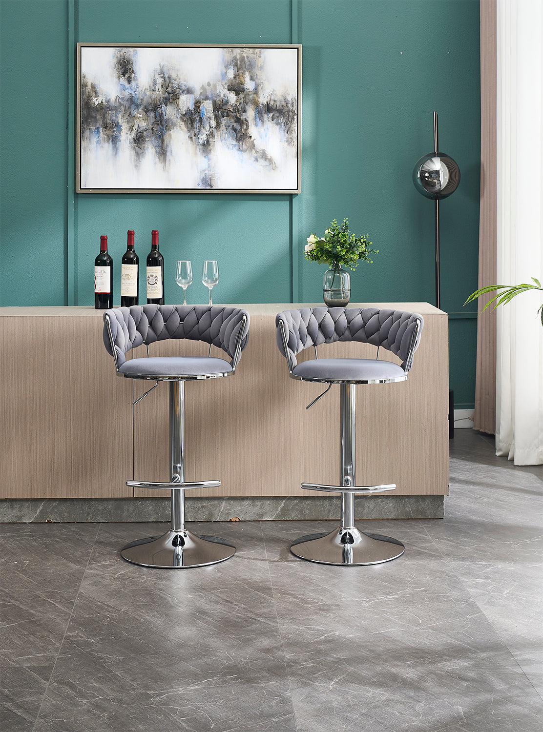 Set of 2 Bar Stools with Chrome Footrest & Base Swivel Height Adjustable Velvet