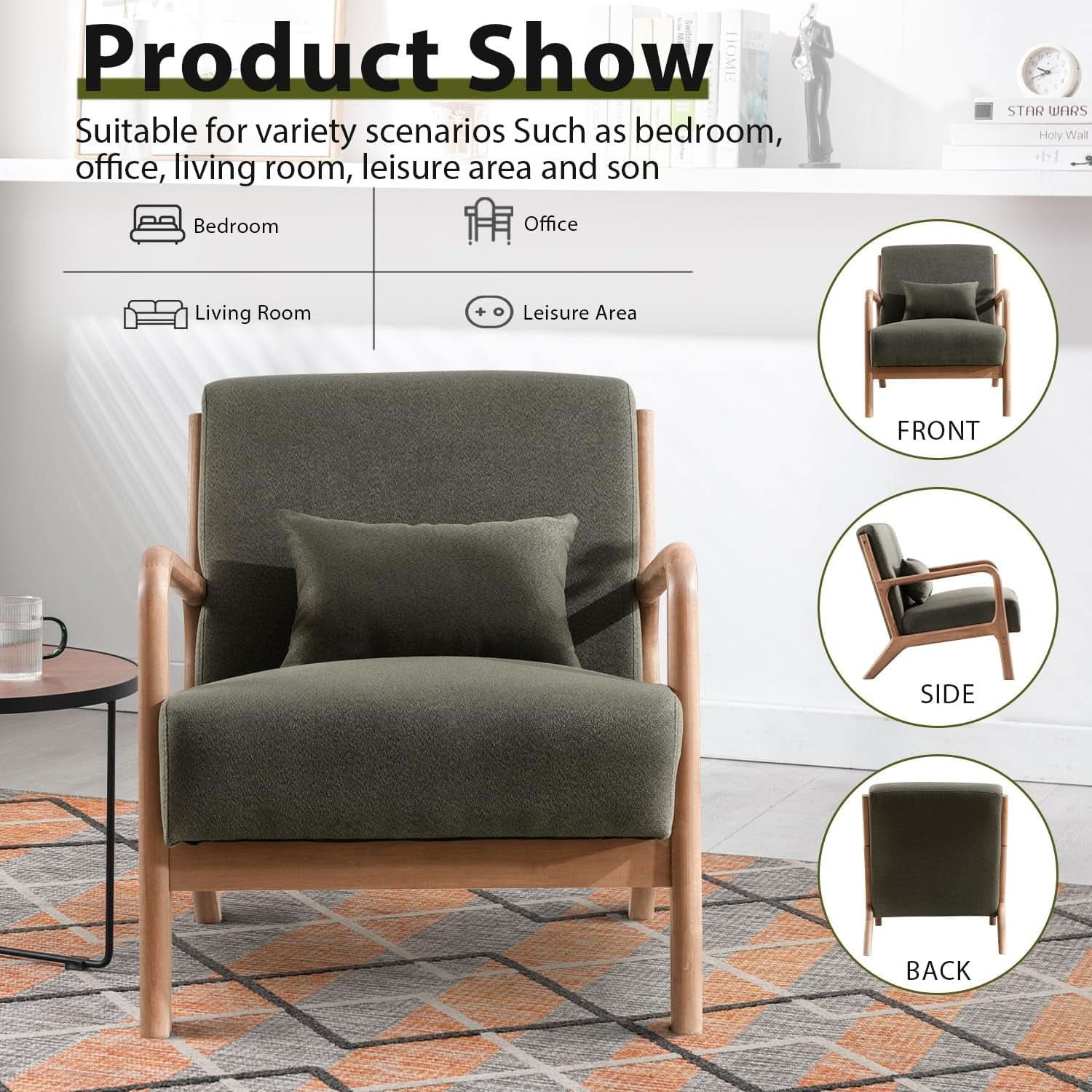 Green Upholstered Mid Century Modern Accent Armchair